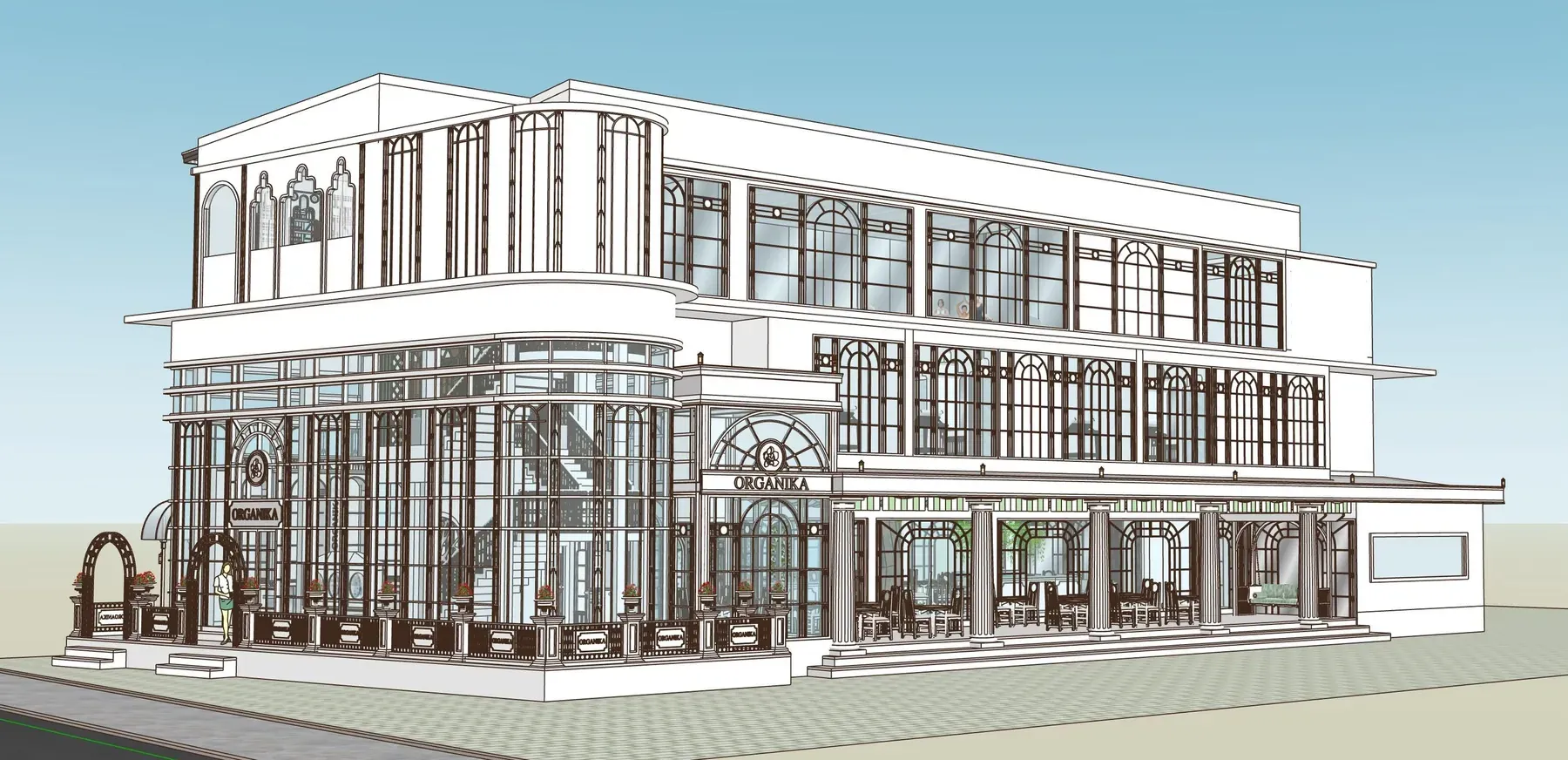 โมเดล SketchUp เส้นขาวดำของอาคารร้าน ORGANIKA